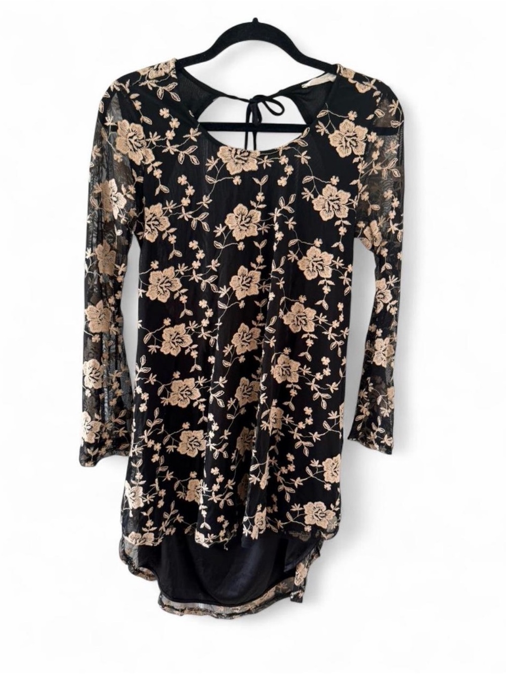 Black Floral Bell Sleeve Dress with Beige Embroidery